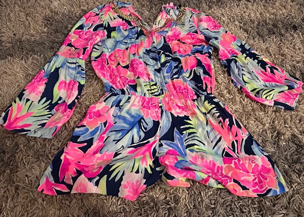 Lilly Pulitzer Ariele Romper High Tide Navy Tropicolada Size Medium Vibrant